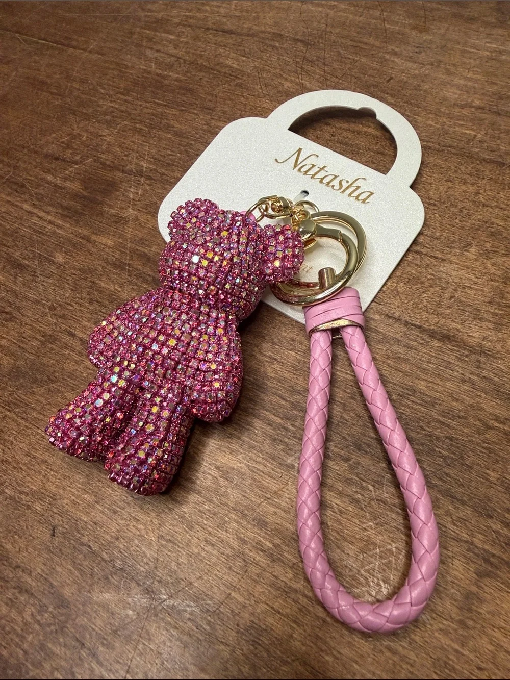 Pink Crystal Teddy Bear Keychain with Strap